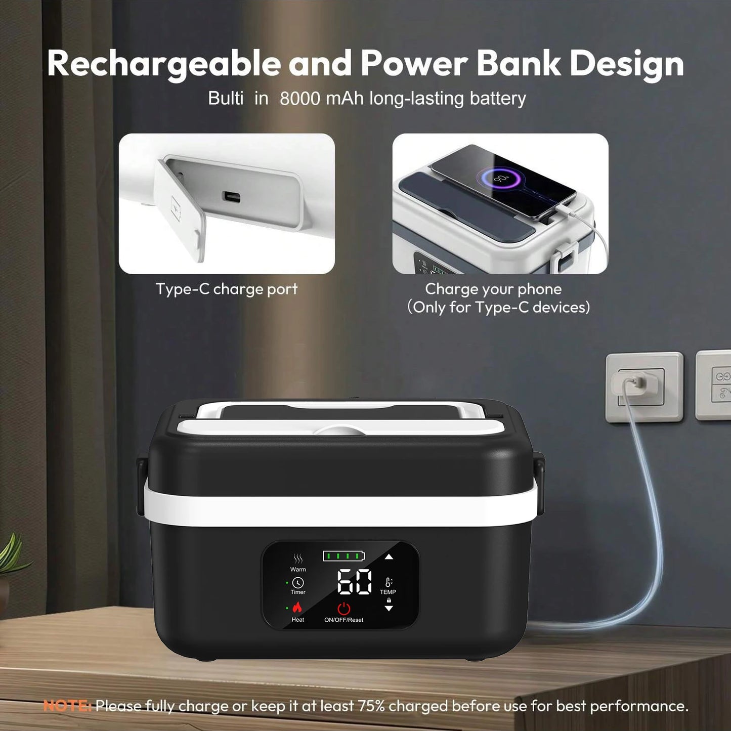 Wireless Electric Insulated Lunch Box - Built-in 8000mAh Battery, 60W Heating Lunch Box 1L Stainless Steel Lunch Box Food Warmer