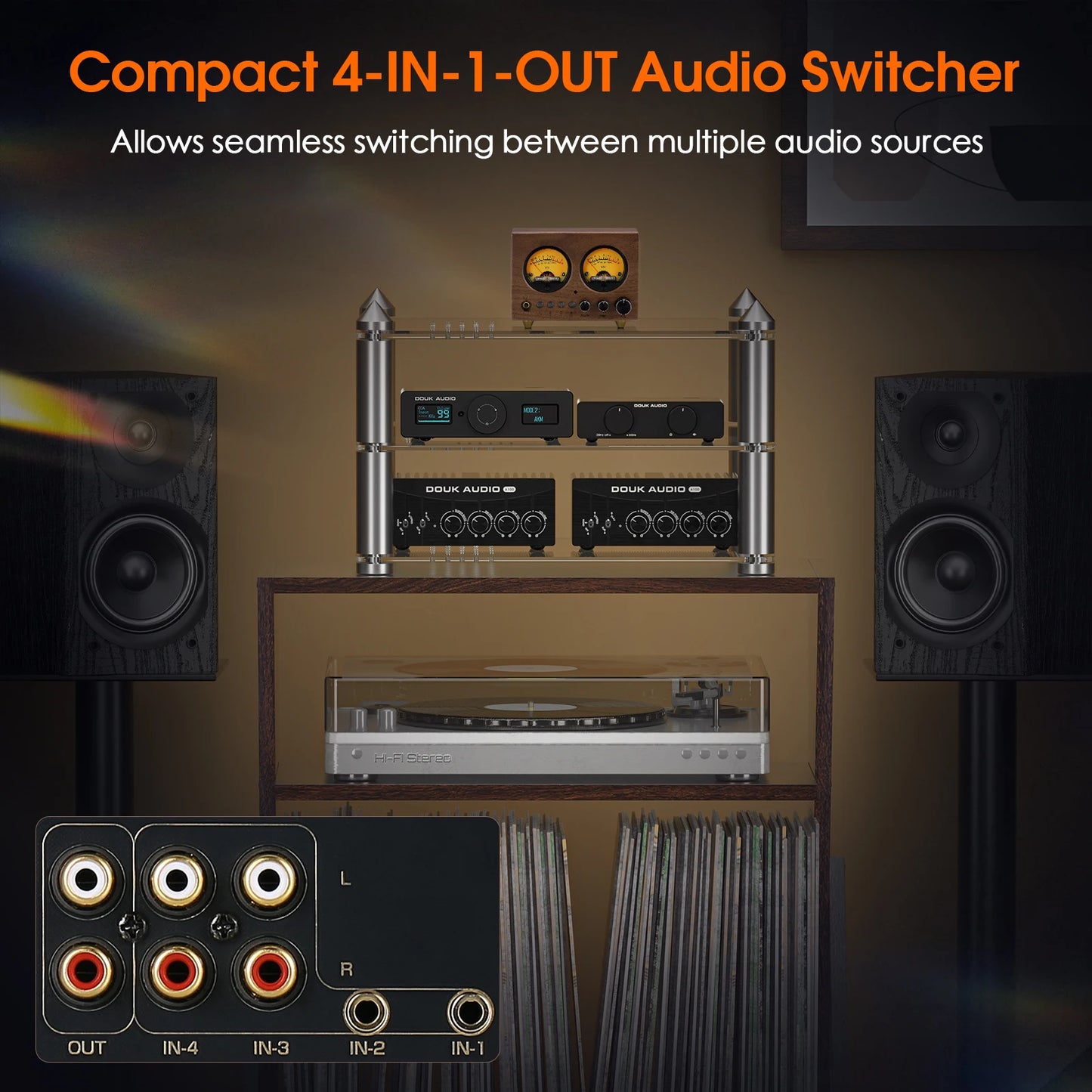 Nobsound VU1-W 4-IN-1-OUT Audio Selector 4-way Stere Switcher Home Preamp VU Meter with Remote Control