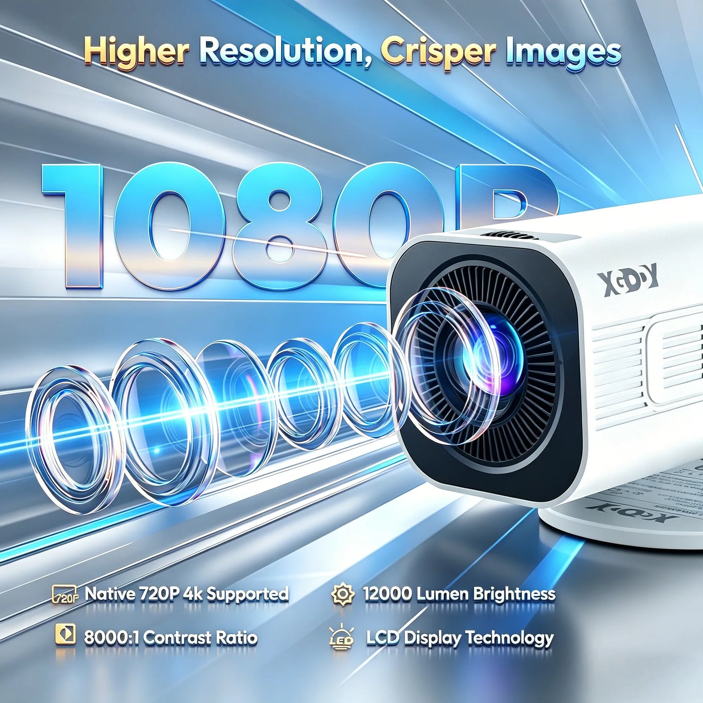 XGODY 4K 1080p LED Projector with 12000 Lumen Brightness, WiFi 6 Bluetooth 5.0 Portable Home Theater System for entertainment