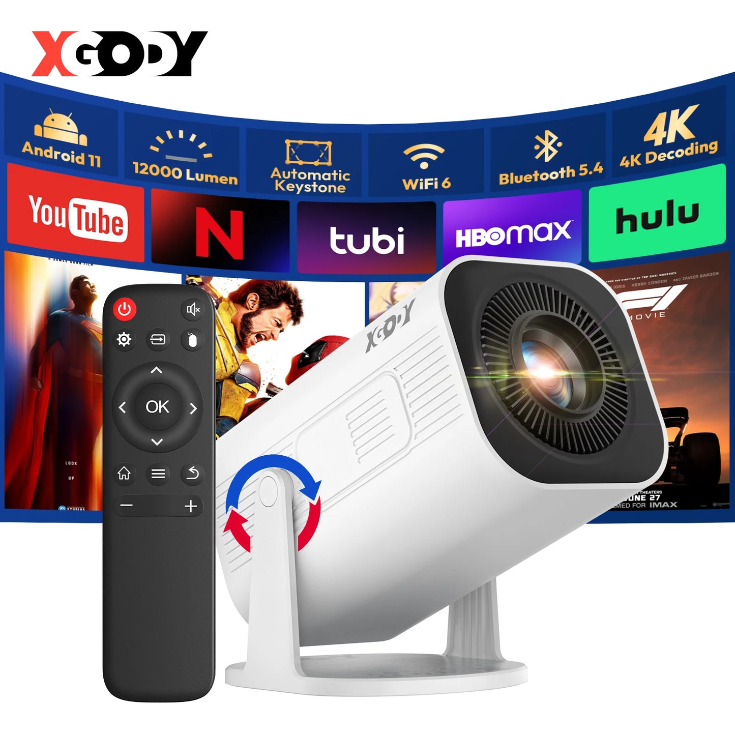 XGODY 4K 1080p LED Projector with 12000 Lumen Brightness, WiFi 6 Bluetooth 5.0 Portable Home Theater System for entertainment